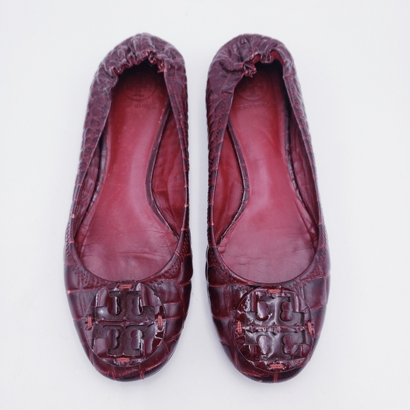 Tory Burch Reva Flat Red Wine Burgundy Bordeaux Croc Patent Leather Size 10 - Picture 1 of 9